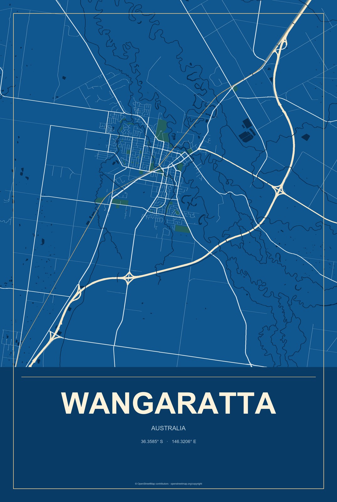Wangaratta, Australia City Map Aluminum Sign in Harbor Cobalt style