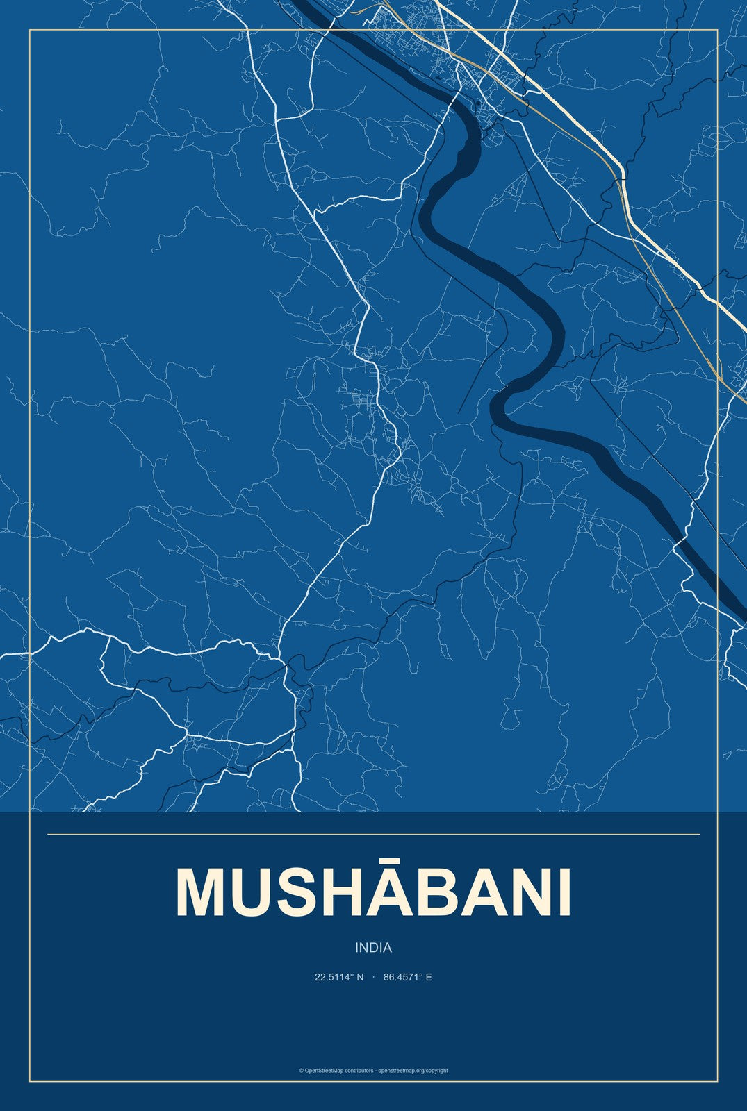 Mushābani, India City Map Aluminum Sign in Harbor Cobalt style