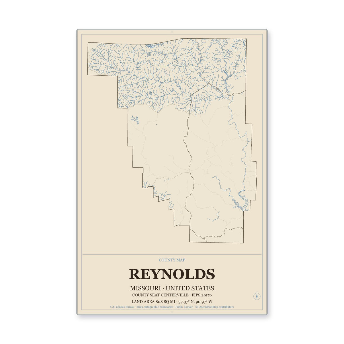 Reynolds County, Missouri Map Aluminum Sign in Heritage Nautical style