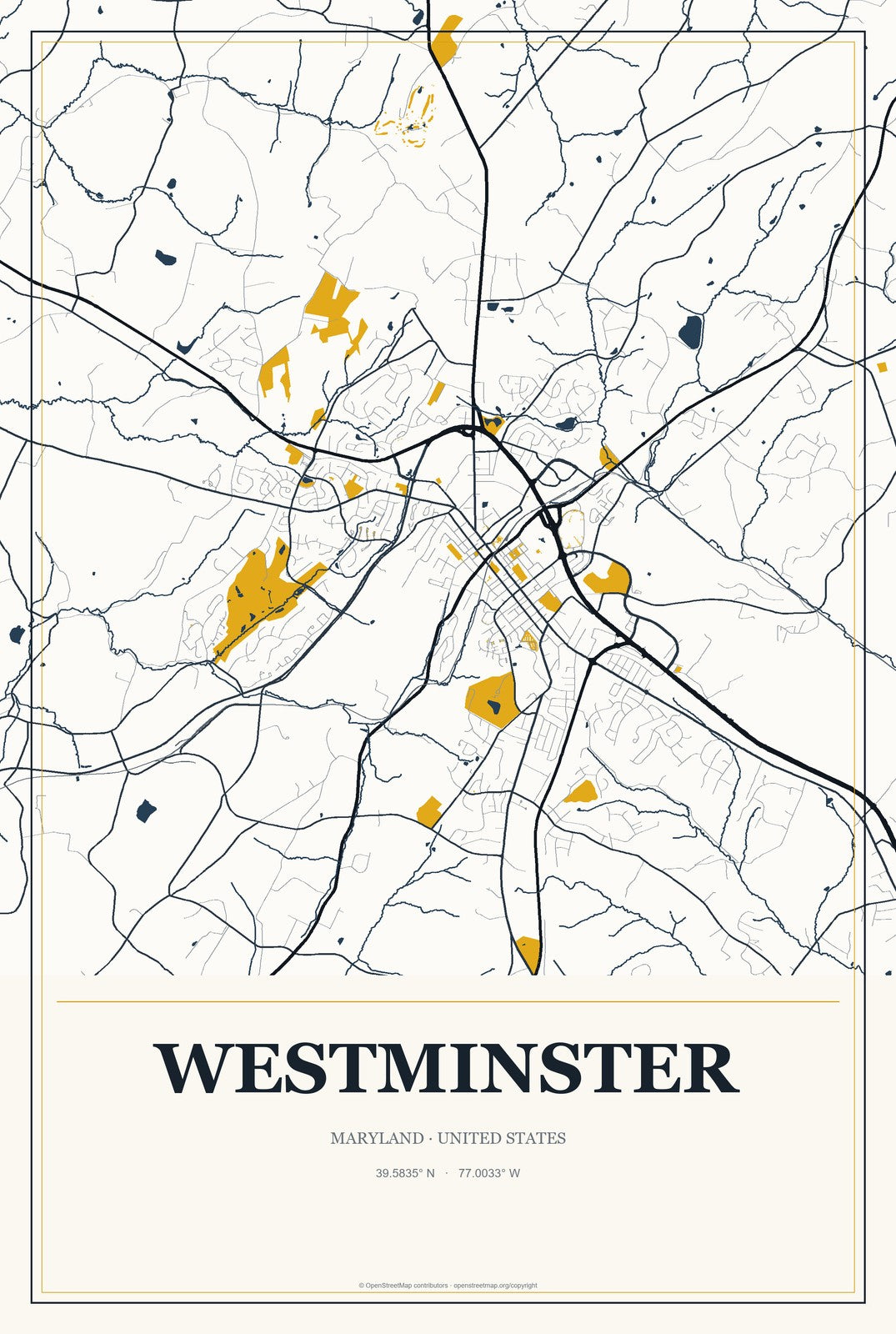 Westminster, Maryland City Map Aluminum Sign in Citrine Modern style