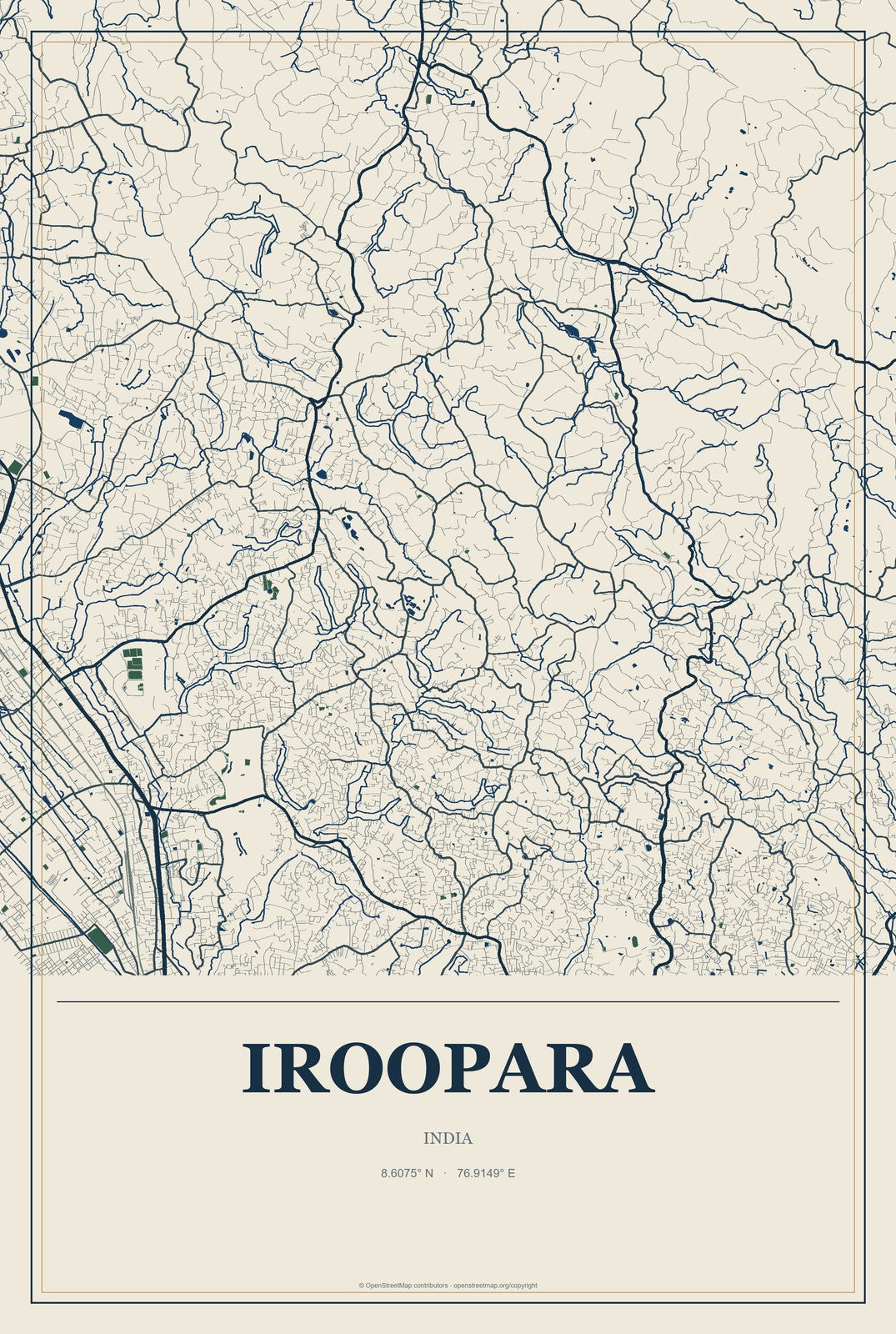 Iroopara, India City Map Aluminum Sign in Coastal Cutout style