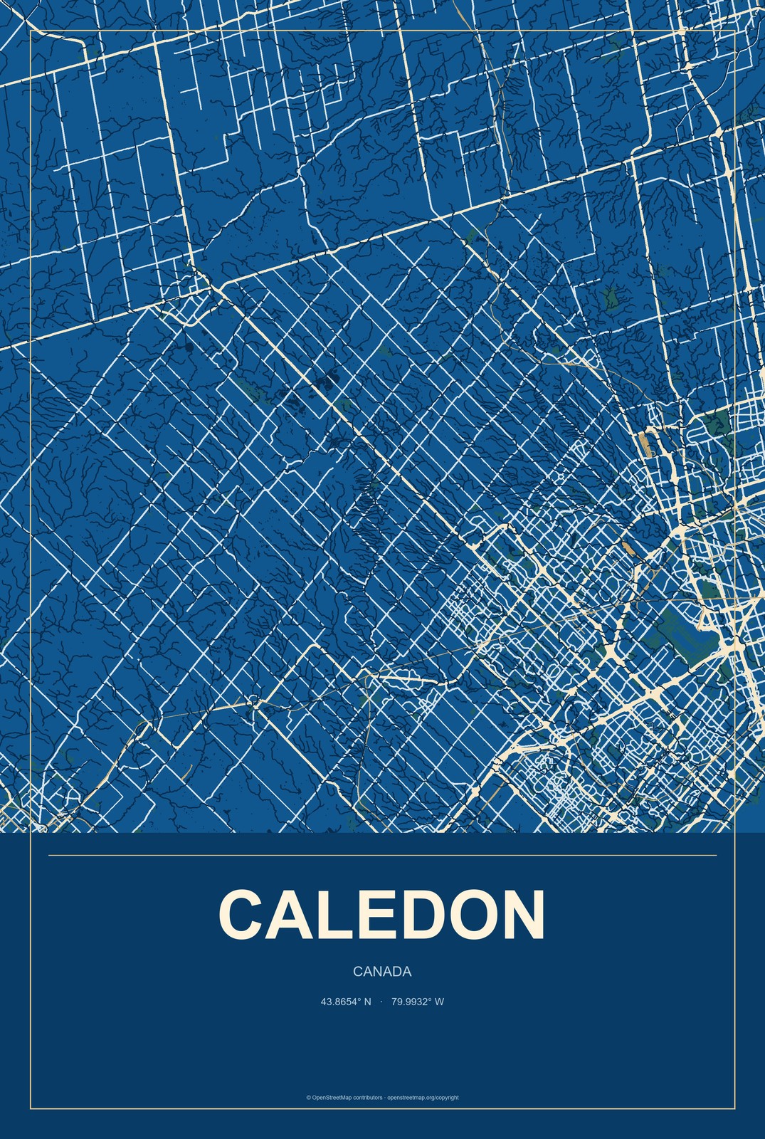 Caledon, Canada City Map Aluminum Sign in Harbor Cobalt style