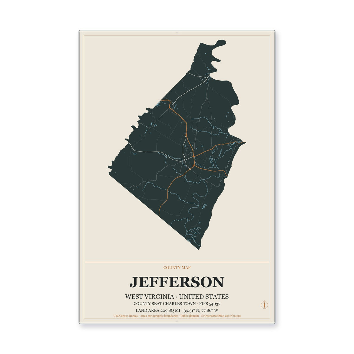 Jefferson County, West Virginia Map Aluminum Sign in Headline Atlas style