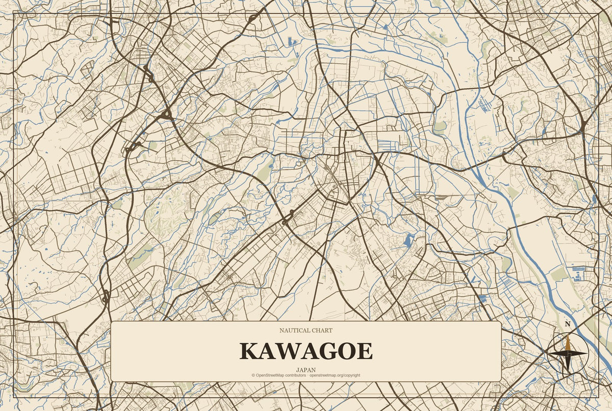 Kawagoe, Japan City Map Aluminum Sign in Heritage Nautical style