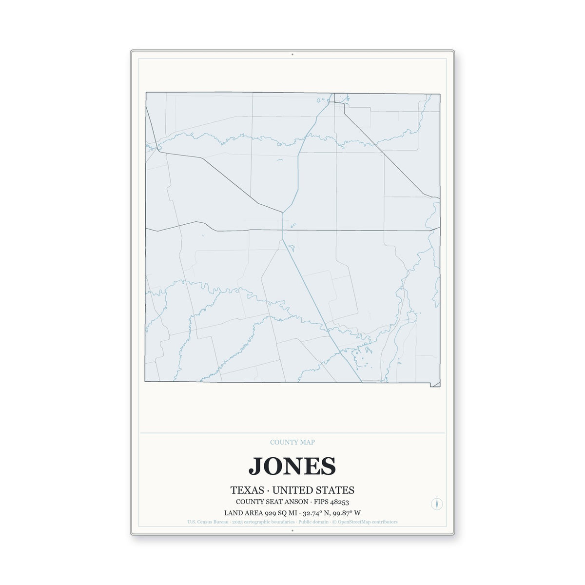 Jones County, Texas Map Aluminum Sign in Gallery Air style
