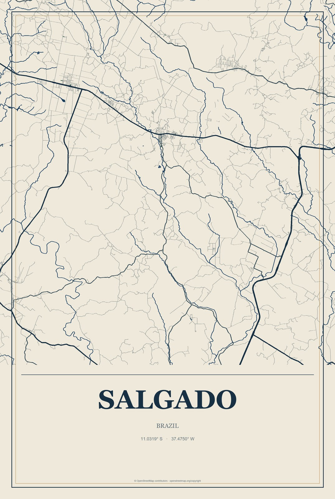 Salgado, Brazil City Map Aluminum Sign in Coastal Cutout style