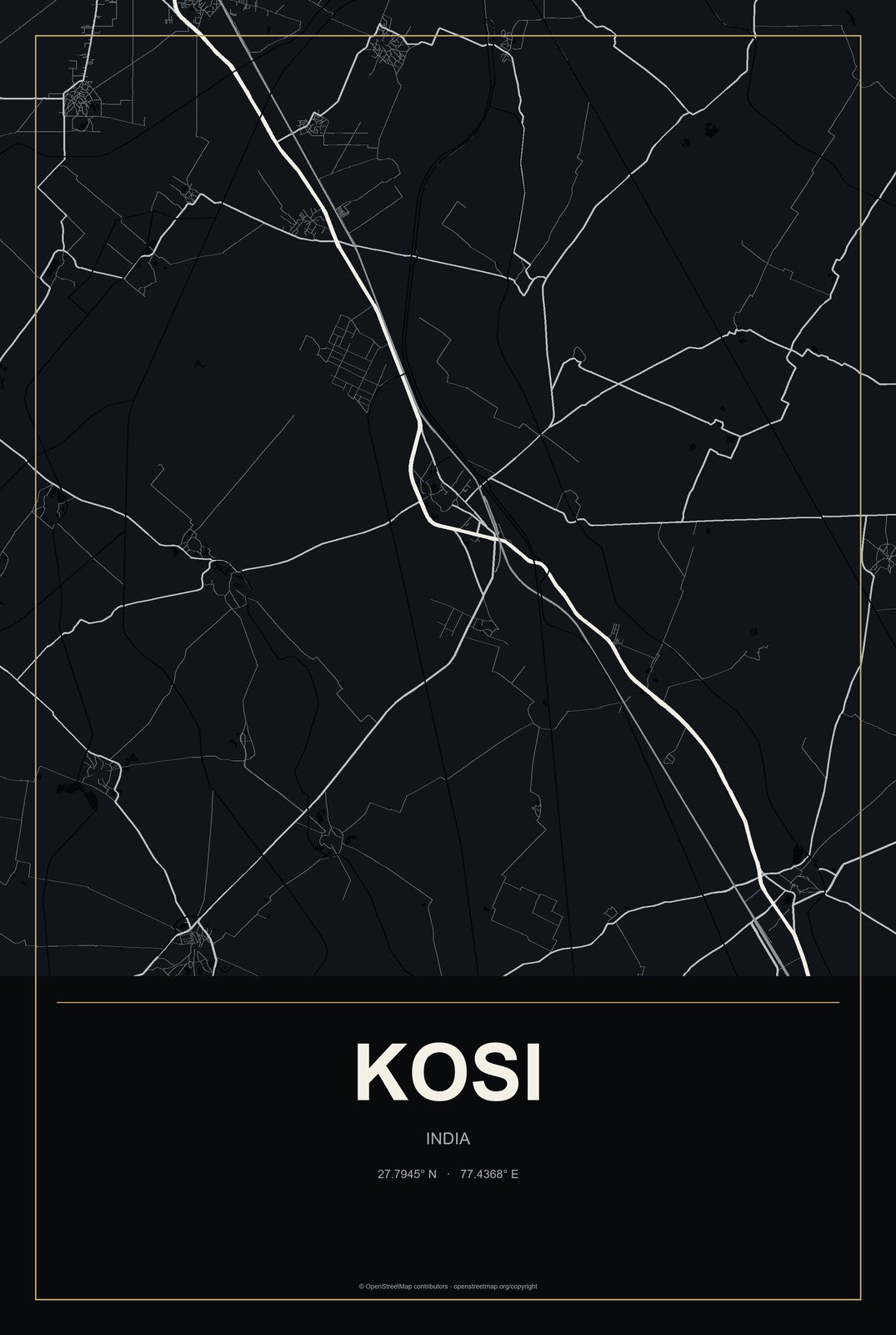 Kosi, India City Map Aluminum Sign in Metropolitan Noir style