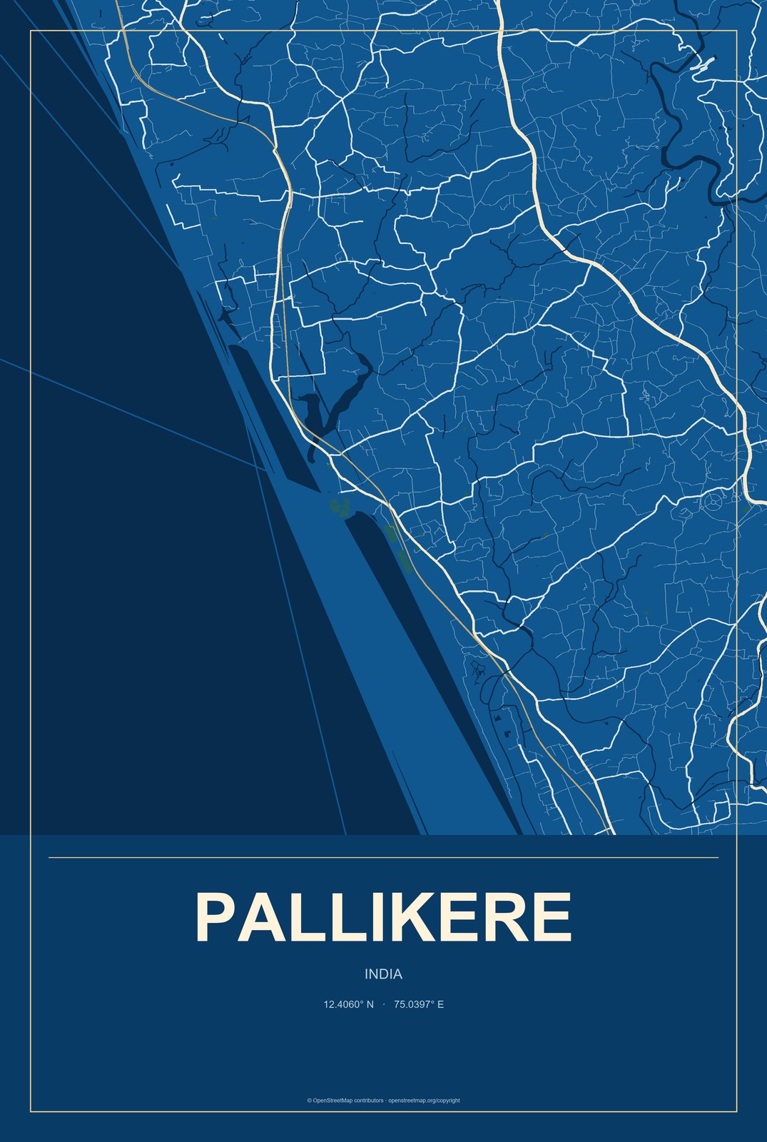 Pallikere, India City Map Aluminum Sign in Harbor Cobalt style