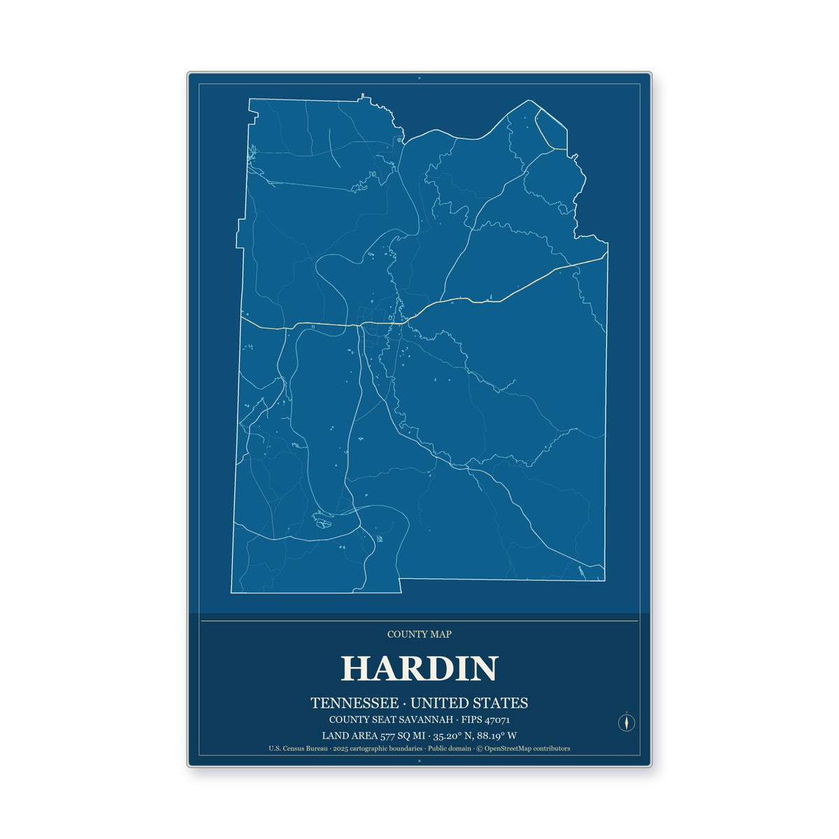 Hardin County, Tennessee Map Aluminum Sign in Harbor Cobalt style