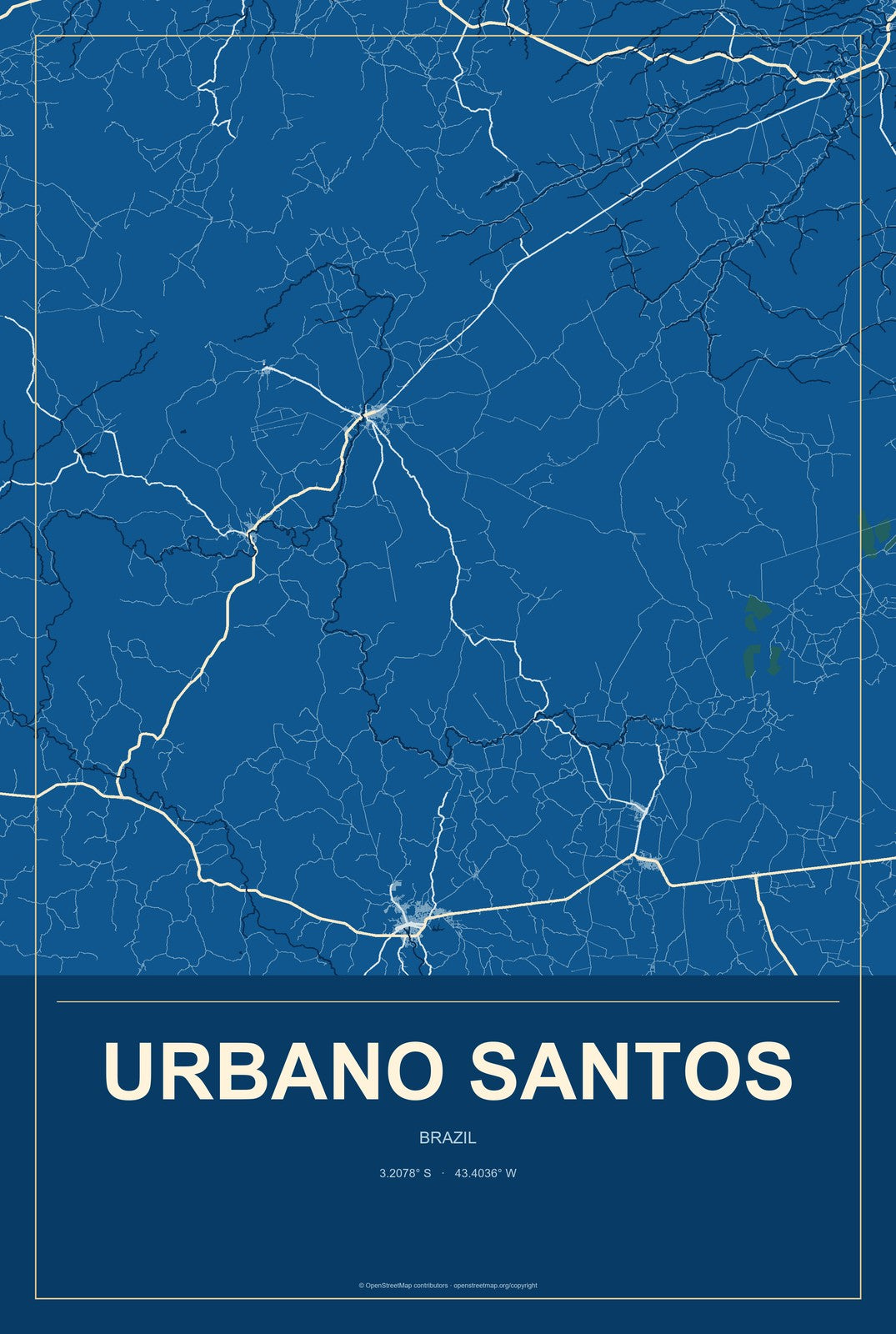 Urbano Santos, Brazil City Map Aluminum Sign in Harbor Cobalt style