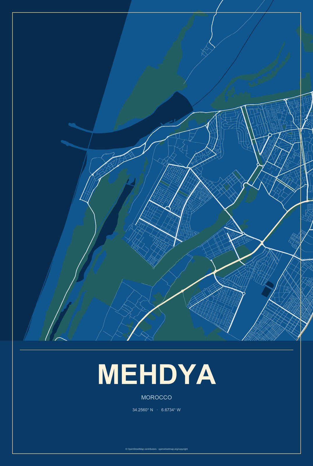Mehdya, Morocco City Map Aluminum Sign in Harbor Cobalt style