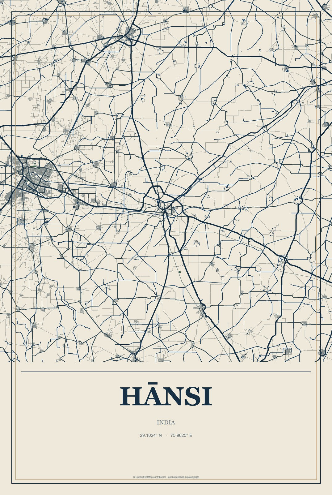 Hānsi, India City Map Aluminum Sign in Coastal Cutout style