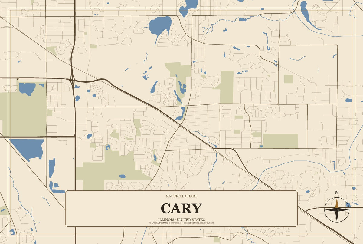 Cary, Illinois City Map Aluminum Sign in Heritage Nautical style