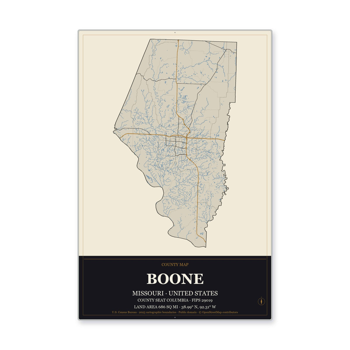 Boone County, Missouri Map Aluminum Sign in Museum Plaque style