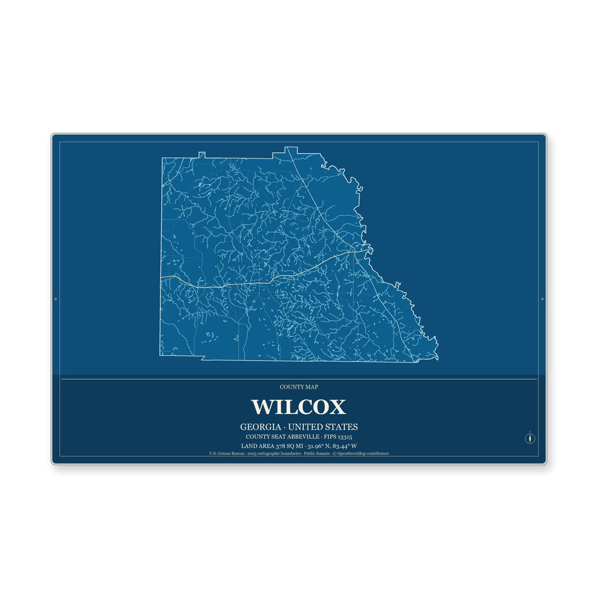 Wilcox County, Georgia Map Aluminum Sign in Harbor Cobalt style