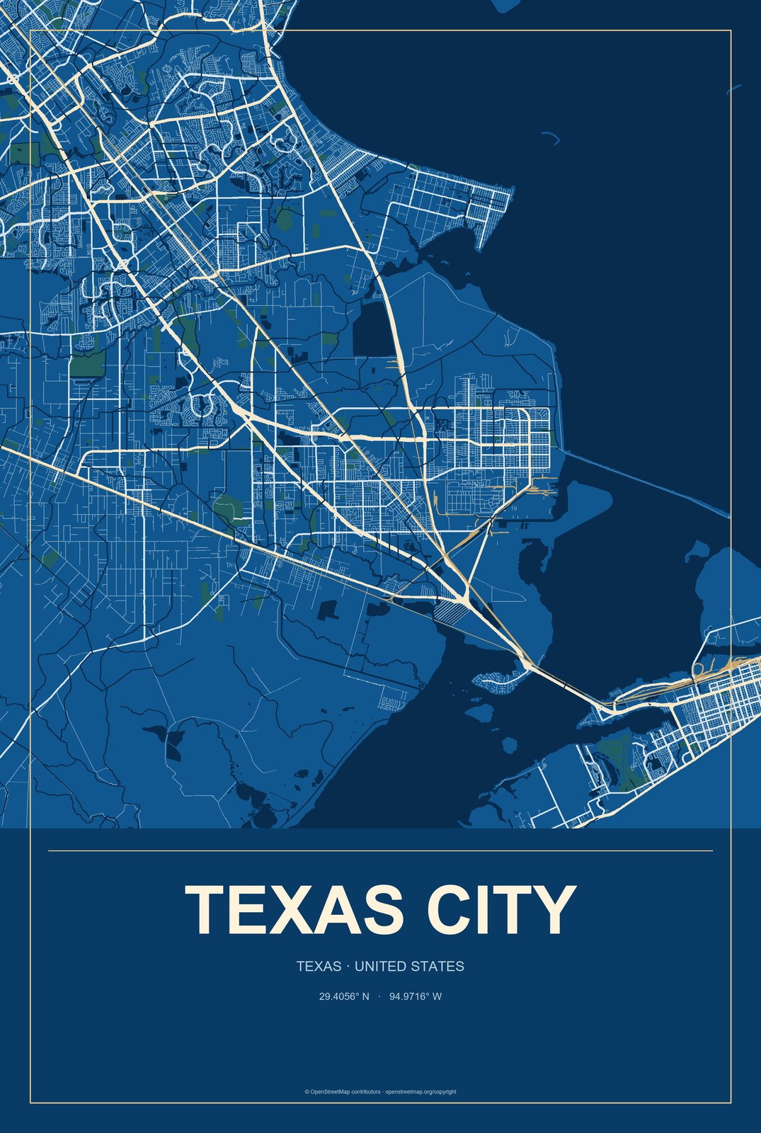 Texas City, Texas City Map Aluminum Sign in Harbor Cobalt style