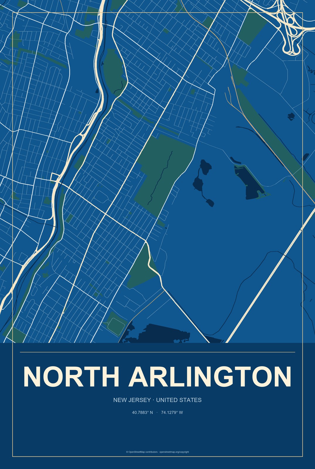 North Arlington, New Jersey City Map Aluminum Sign in Harbor Cobalt style
