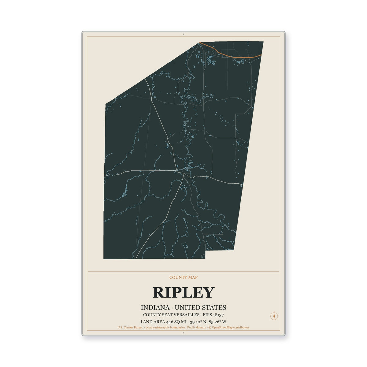 Ripley County, Indiana Map Aluminum Sign in Headline Atlas style