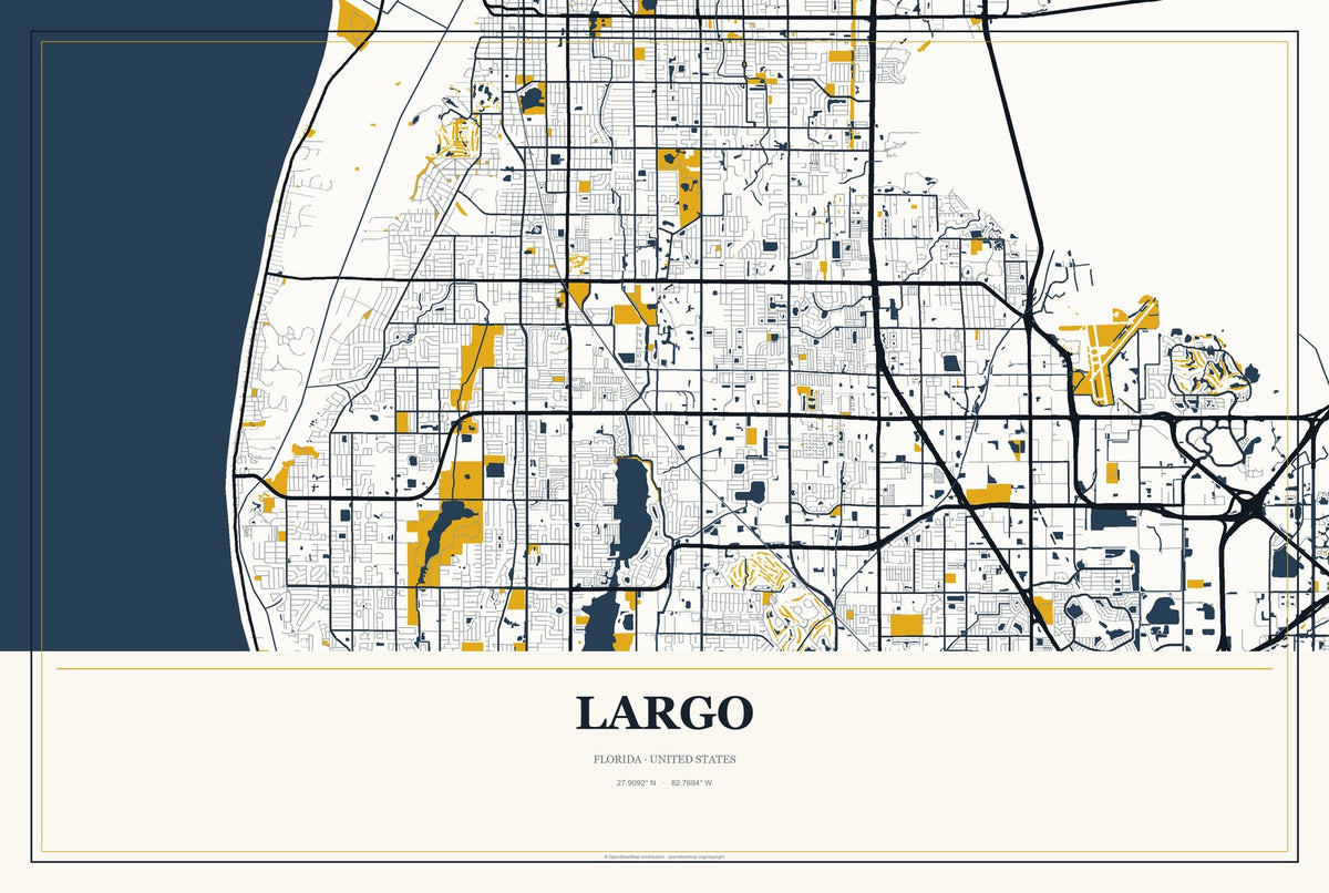 Largo, Florida City Map Aluminum Sign in Citrine Modern style