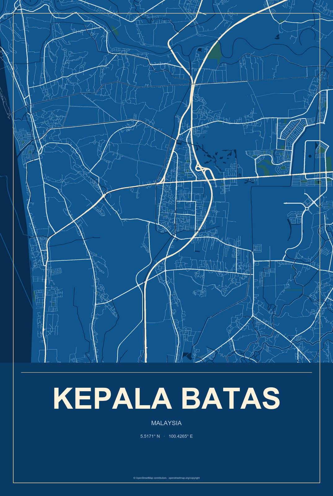 Kepala Batas, Penang, Malaysia City Map Aluminum Sign in Harbor Cobalt style