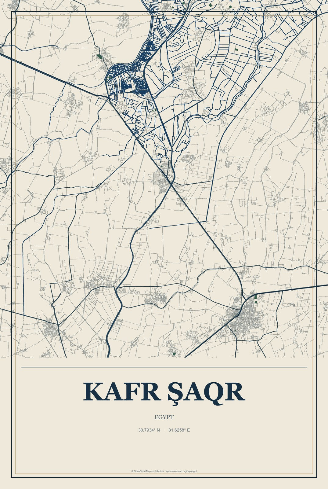 Kafr Şaqr, Egypt City Map Aluminum Sign in Coastal Cutout style