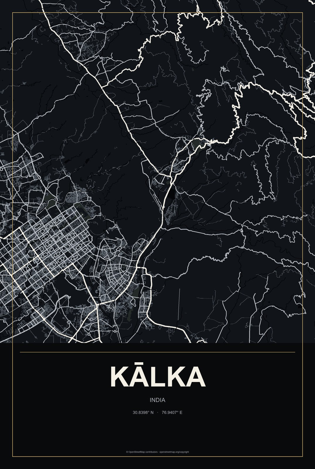 Kālka, India City Map Aluminum Sign in Metropolitan Noir style