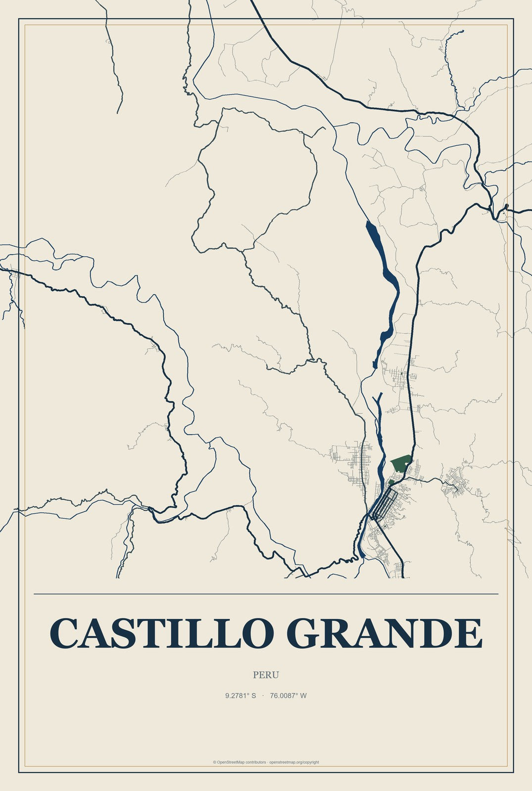 Castillo Grande, Peru City Map Aluminum Sign in Coastal Cutout style
