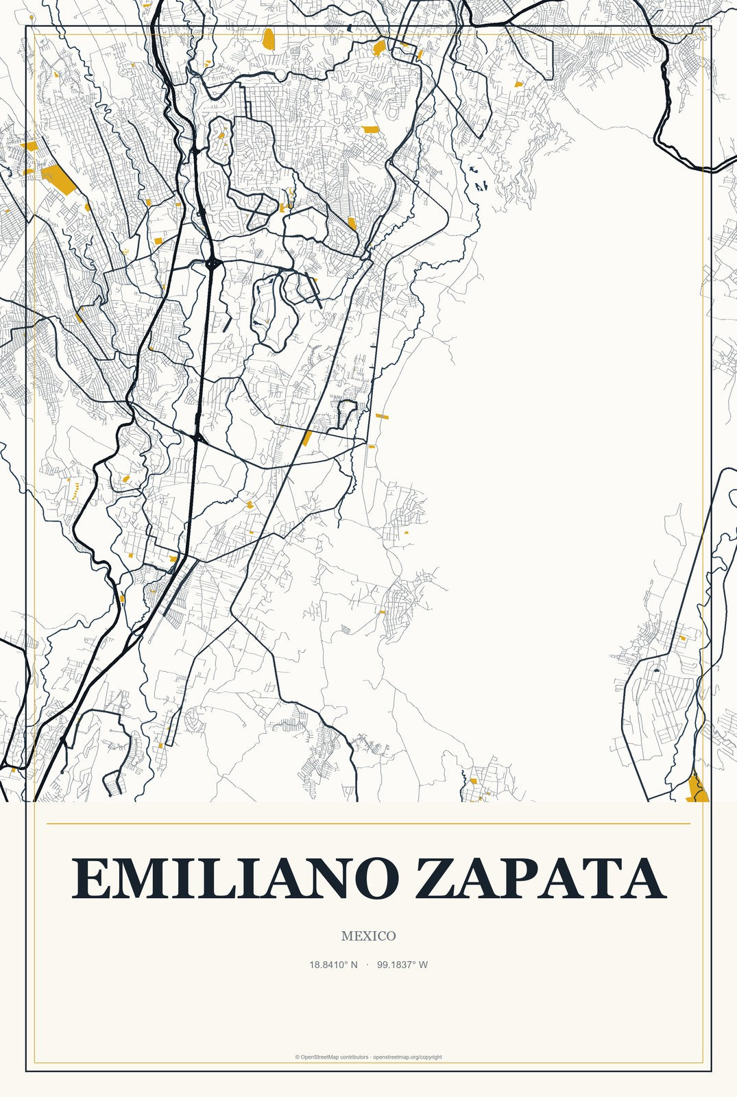 Emiliano Zapata, Morelos, Mexico City Map Aluminum Sign in Citrine Modern style