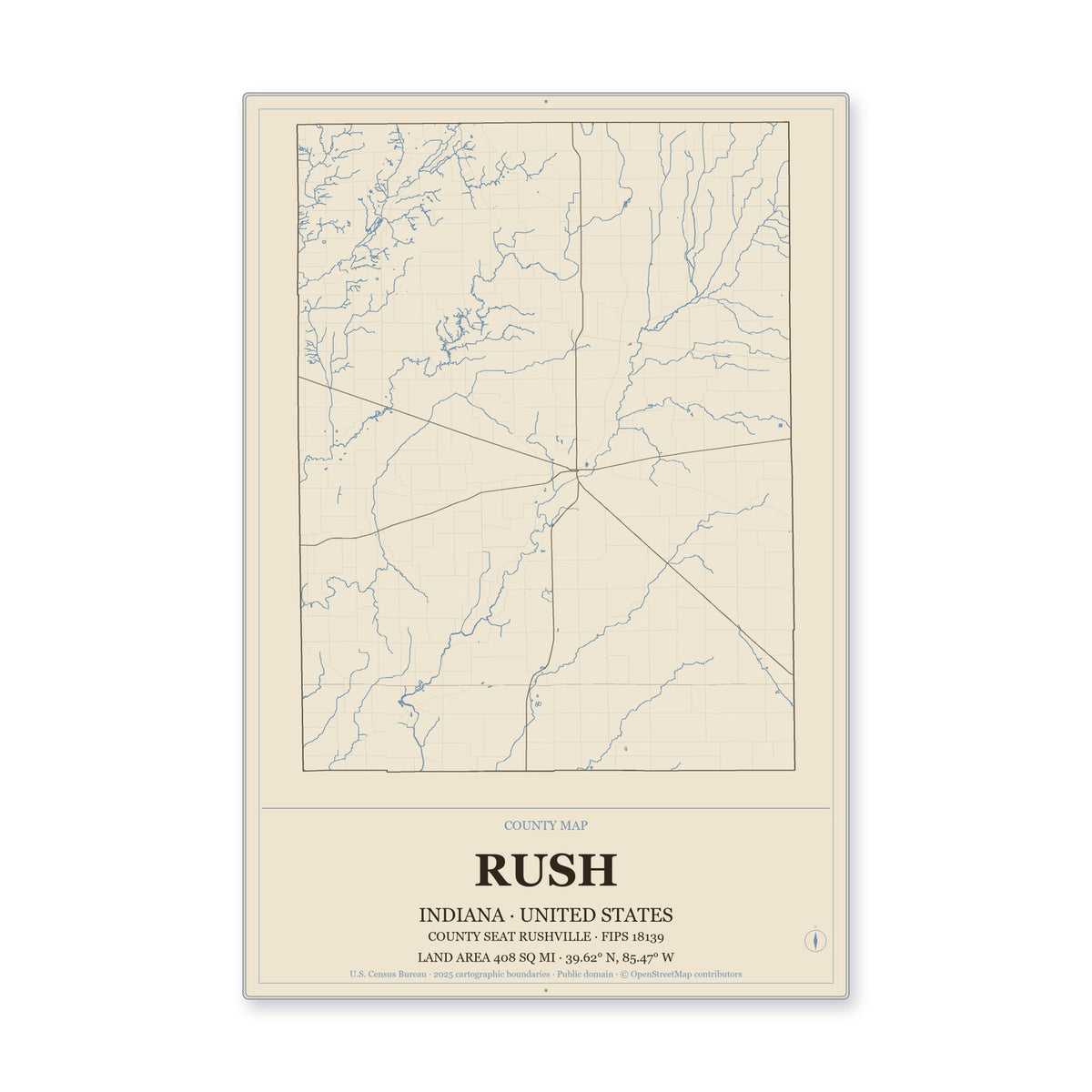 Rush County, Indiana Map Aluminum Sign in Heritage Nautical style