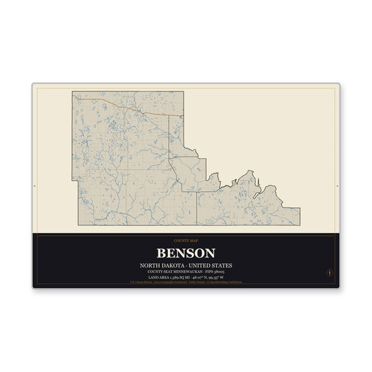 Benson County, North Dakota Map Aluminum Sign in Museum Plaque style