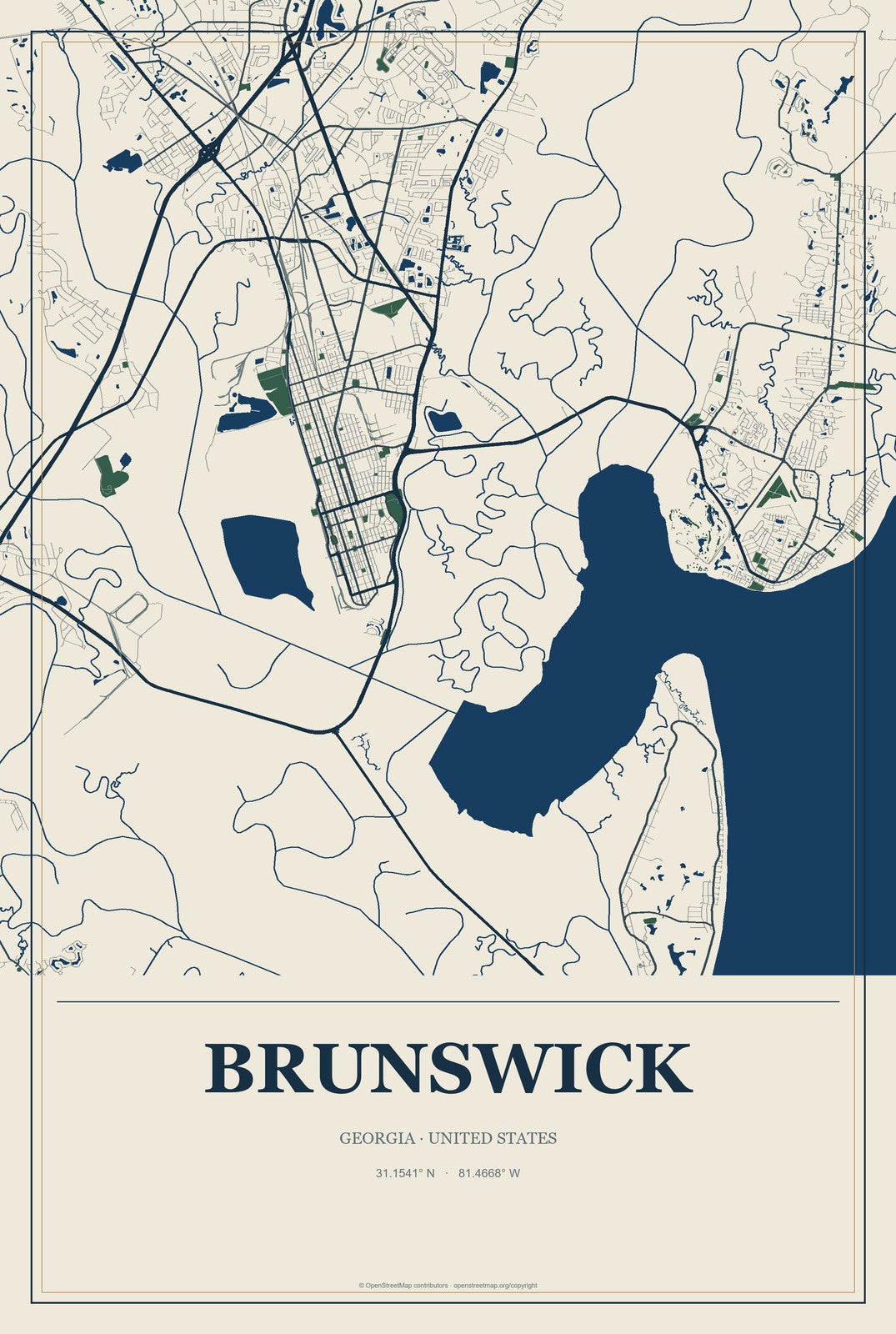 Brunswick, Georgia City Map Aluminum Sign in Coastal Cutout style