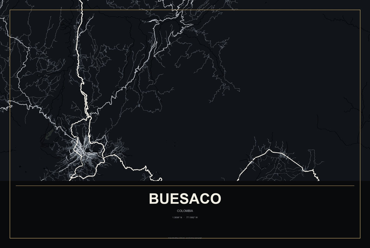 Buesaco, Colombia City Map Aluminum Sign in Metropolitan Noir style