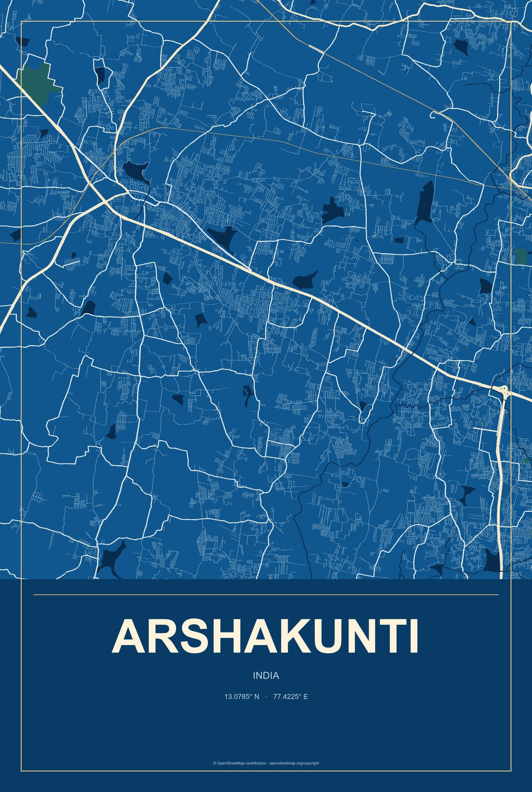 Arshakunti, India City Map Aluminum Sign in Harbor Cobalt style