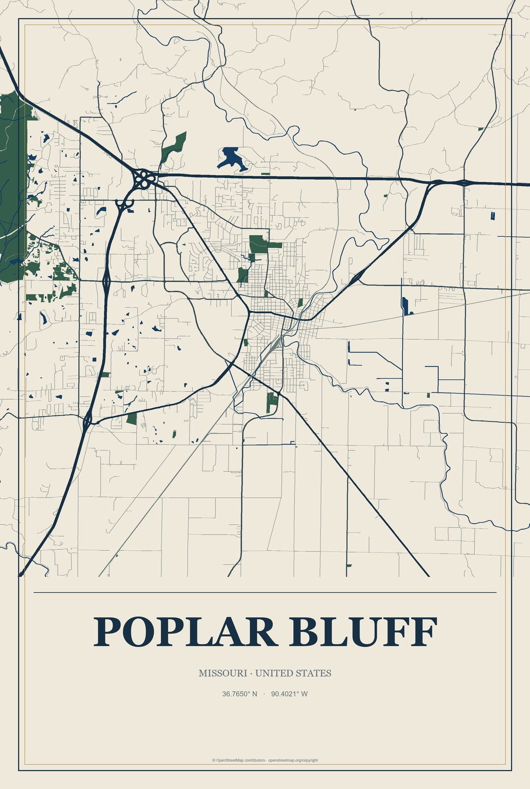 Poplar Bluff, Missouri City Map Aluminum Sign in Coastal Cutout style