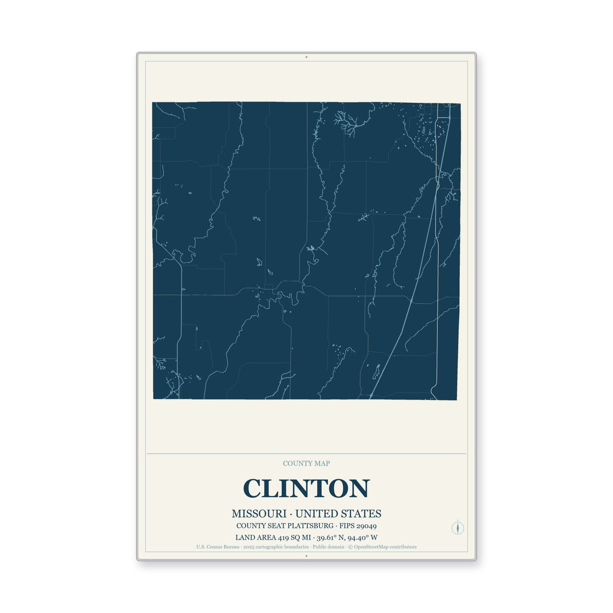 Clinton County, Missouri Map Aluminum Sign in Coastal Cutout style