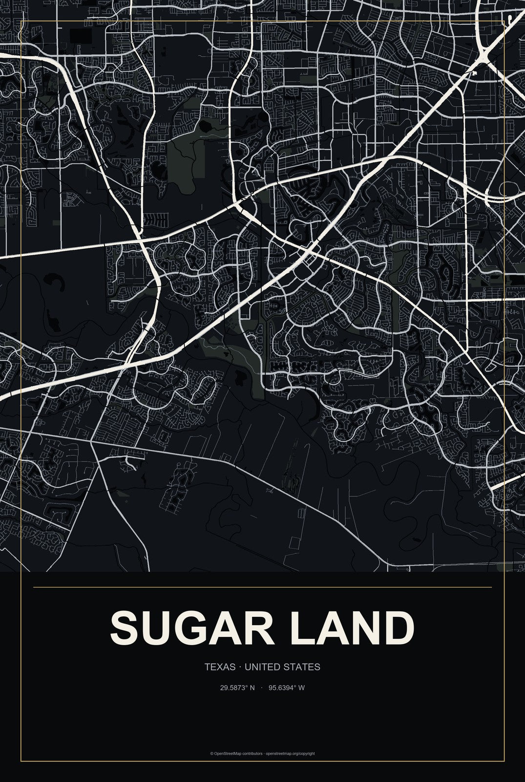 Sugar Land, Texas City Map Aluminum Sign in Metropolitan Noir style