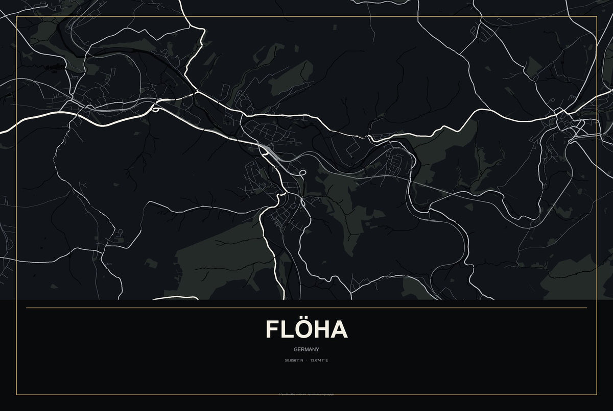 Flöha, Germany City Map Aluminum Sign in Metropolitan Noir style