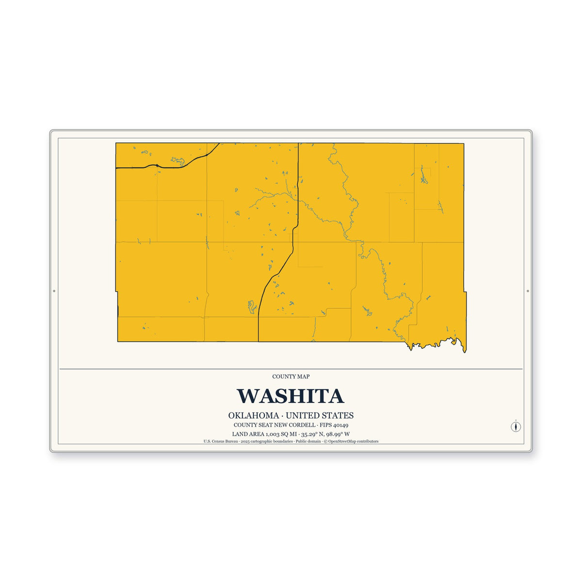 Washita County, Oklahoma Map Aluminum Sign in Citrine Modern style