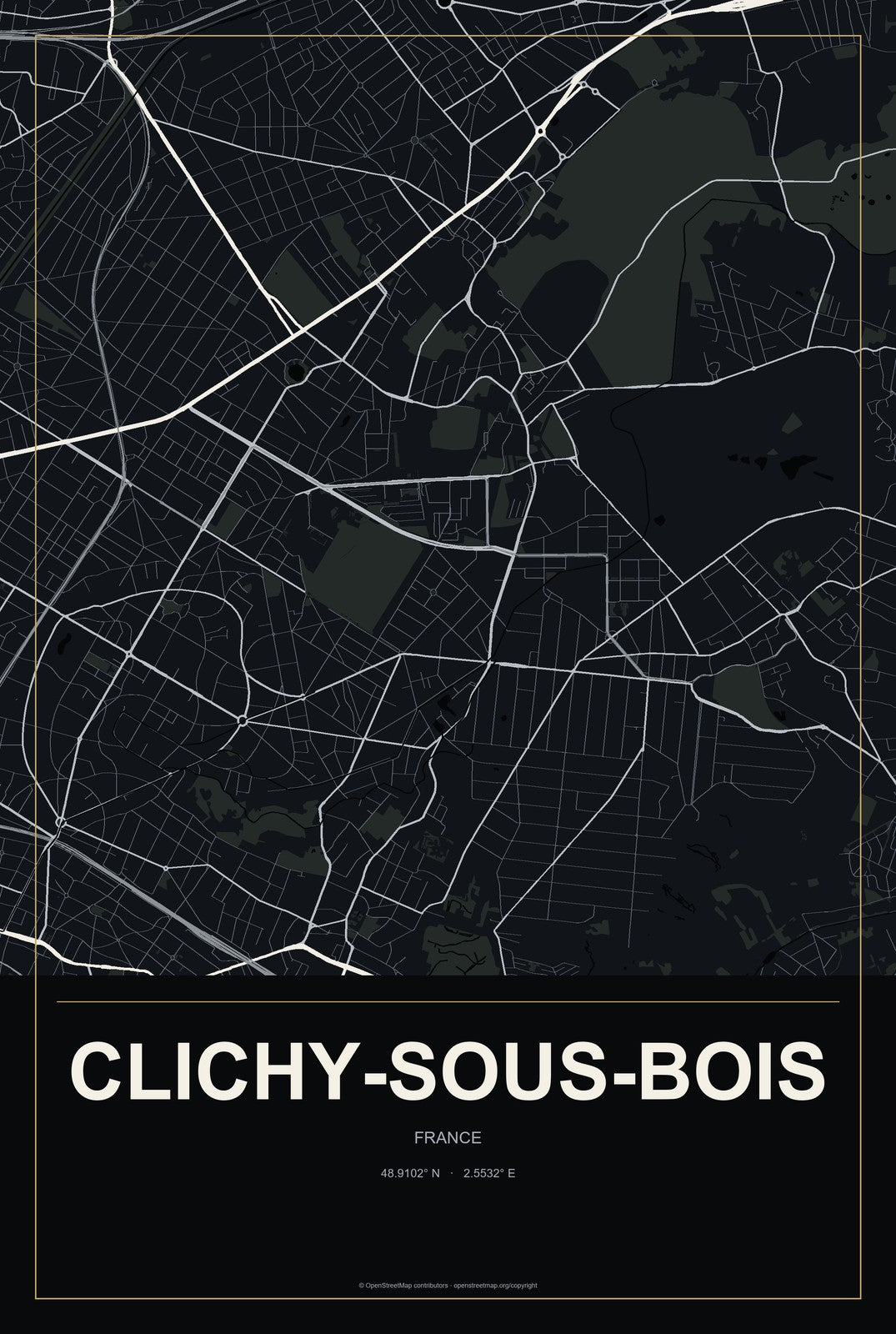 Clichy-sous-Bois, France City Map Aluminum Sign in Metropolitan Noir style