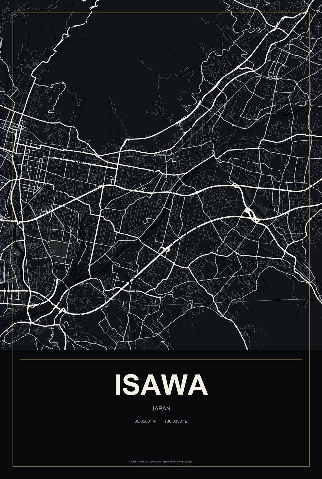 Isawa, Japan City Map Aluminum Sign in Metropolitan Noir style