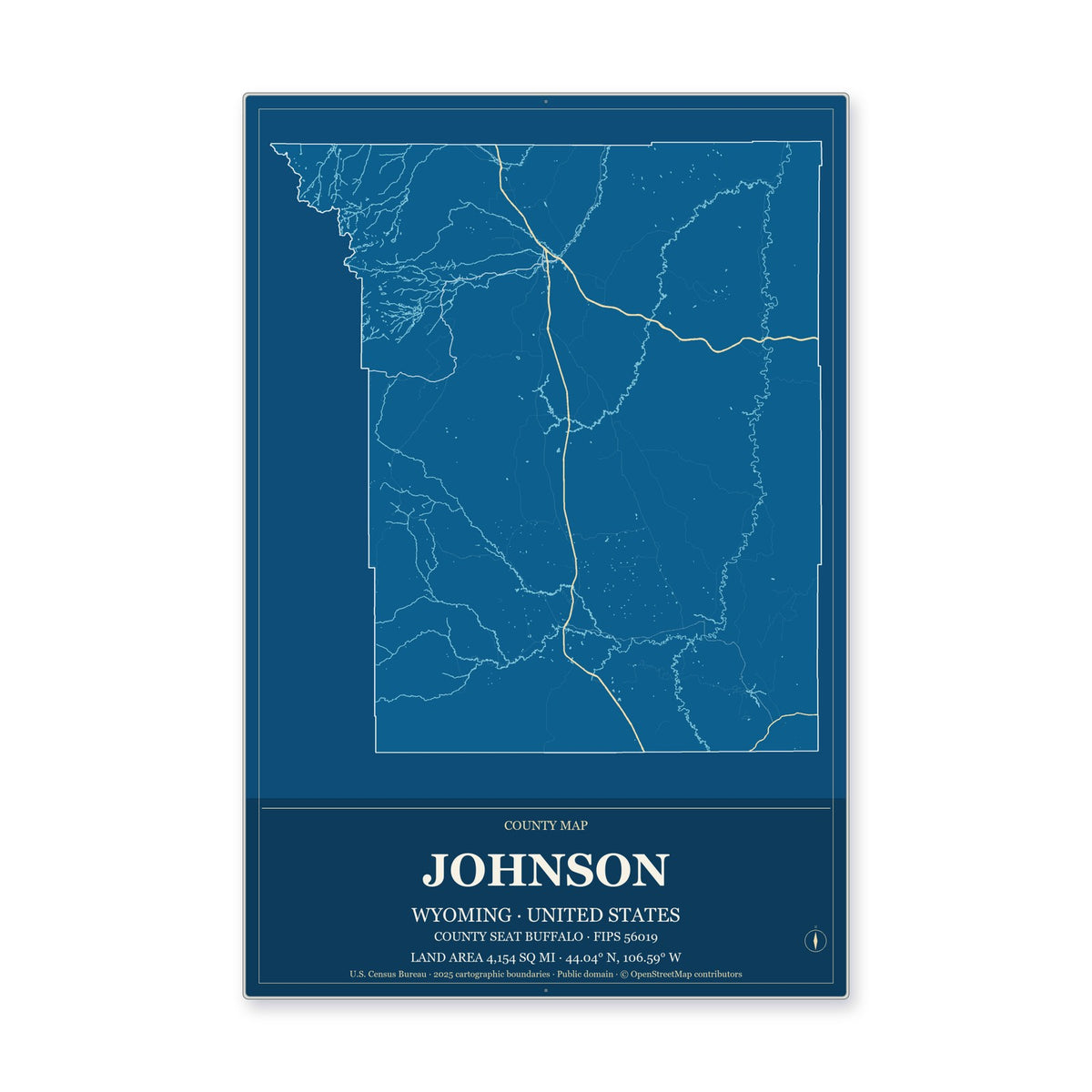 Johnson County, Wyoming Map Aluminum Sign in Harbor Cobalt style