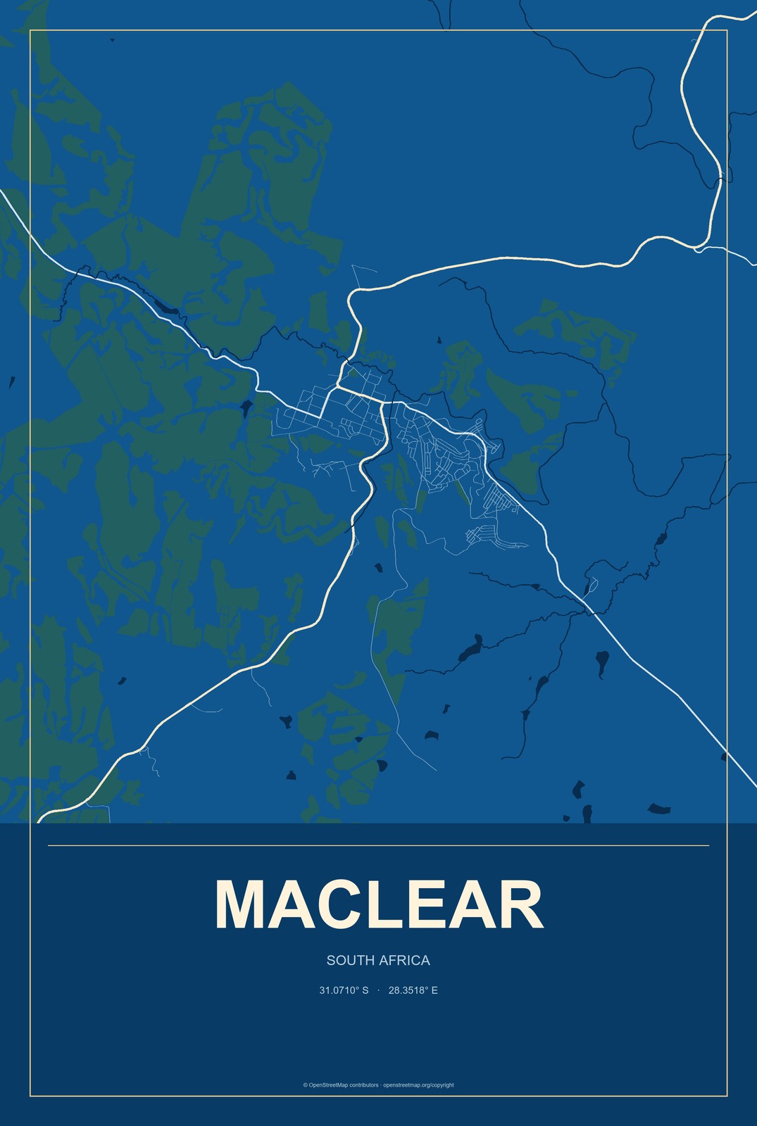 Maclear, South Africa City Map Aluminum Sign in Harbor Cobalt style