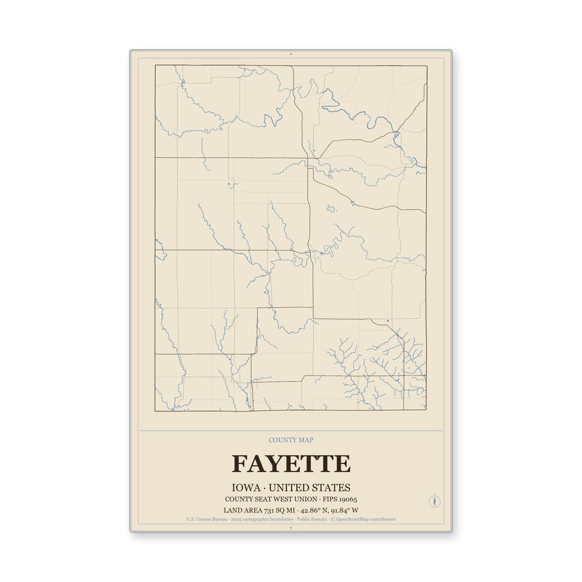 Fayette County, Iowa Map Aluminum Sign in Heritage Nautical style