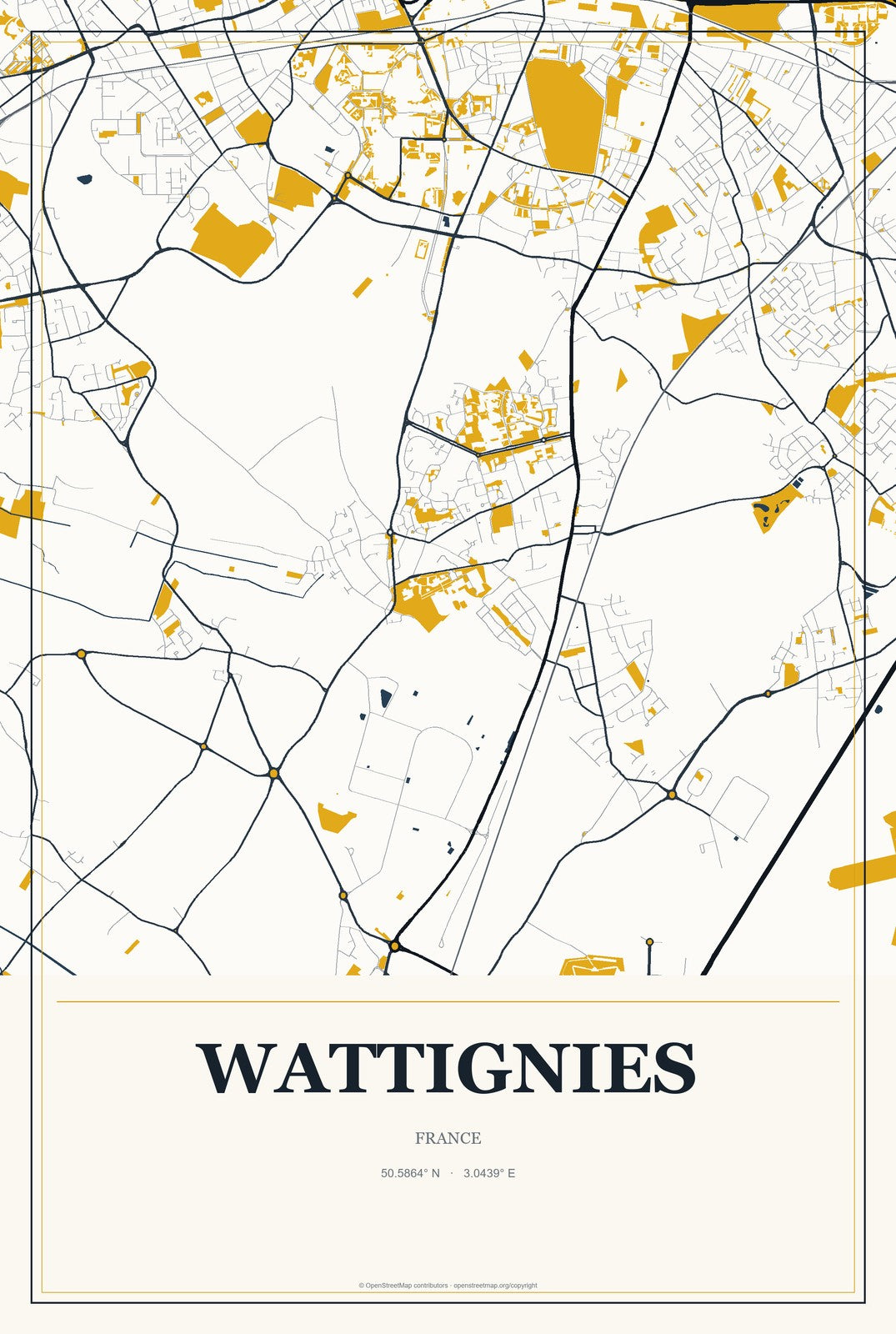Wattignies, France City Map Aluminum Sign in Citrine Modern style