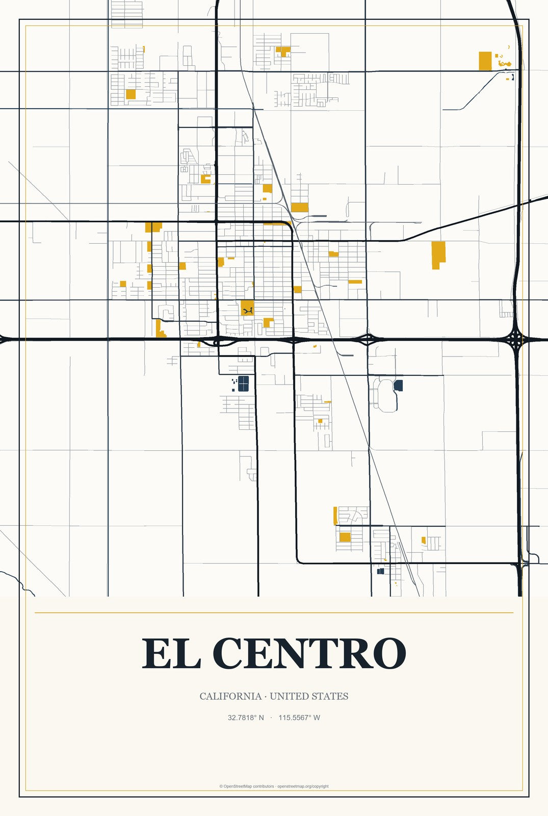 El Centro, California City Map Aluminum Sign in Citrine Modern style