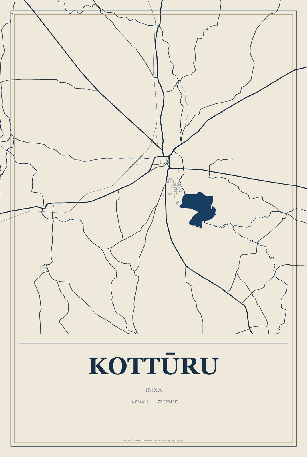 Kottūru, India City Map Aluminum Sign in Coastal Cutout style