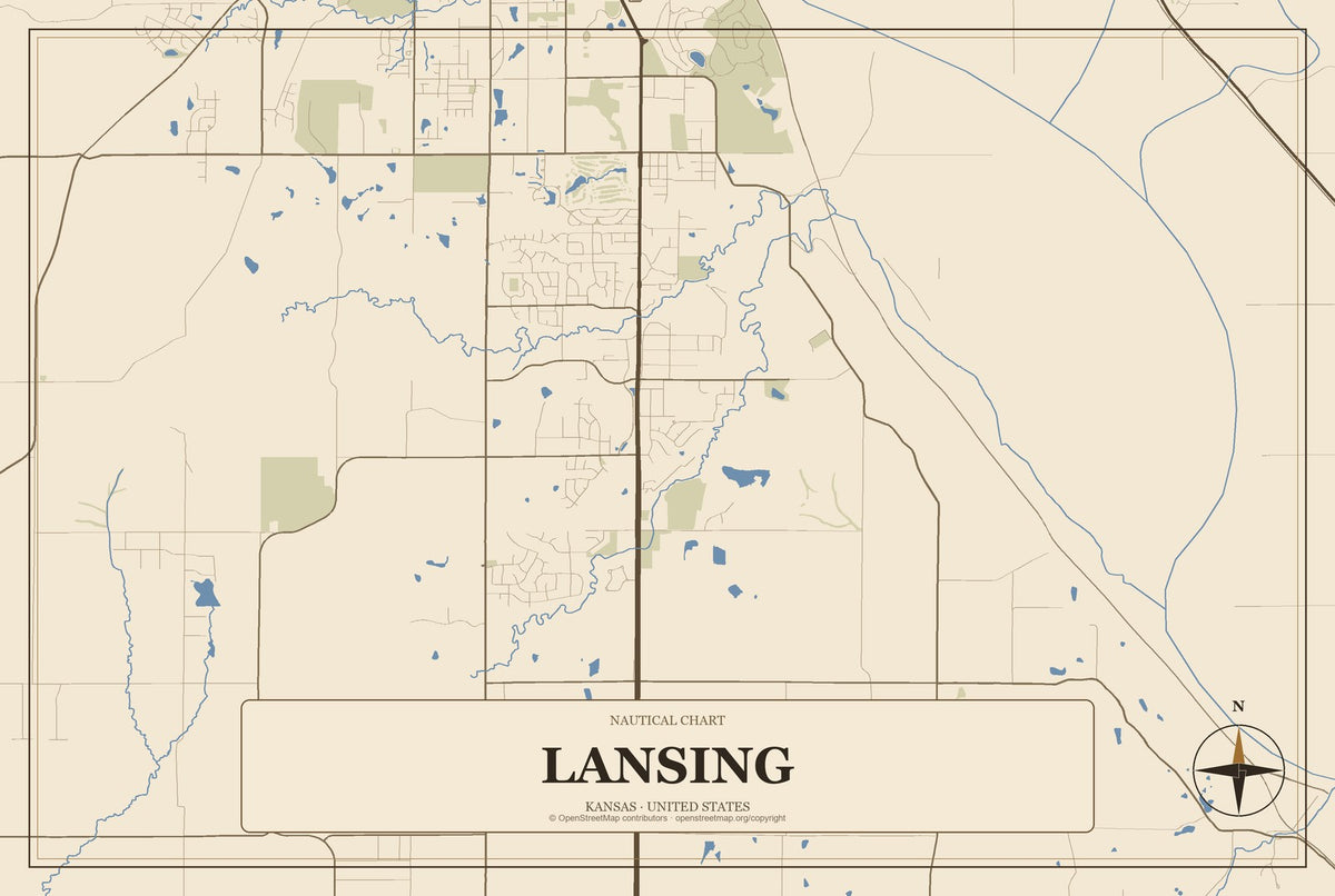 Lansing, Kansas City Map Aluminum Sign in Heritage Nautical style