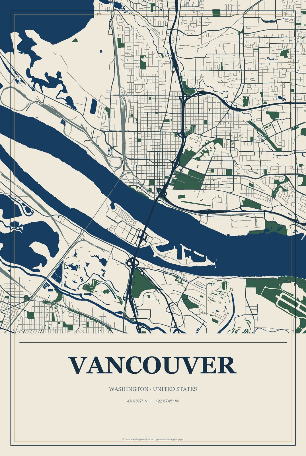 Vancouver, Washington City Map Aluminum Sign in Coastal Cutout style
