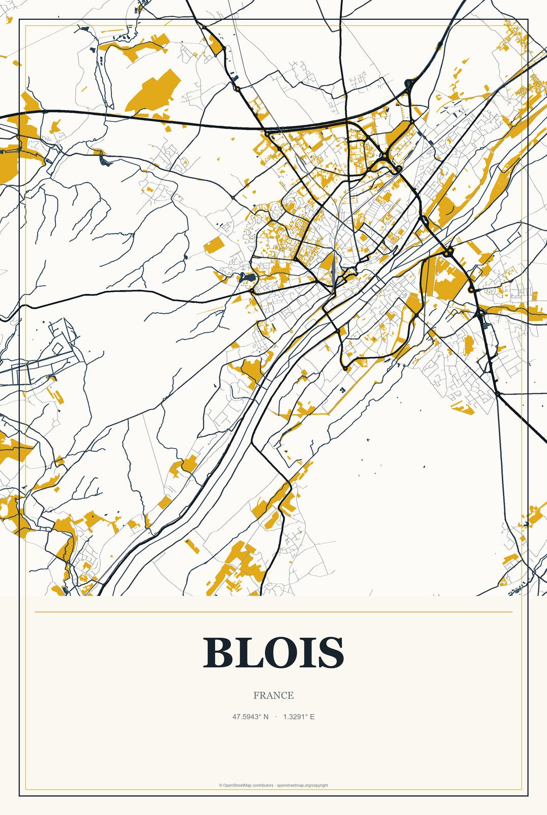 Blois, France City Map Aluminum Sign in Citrine Modern style