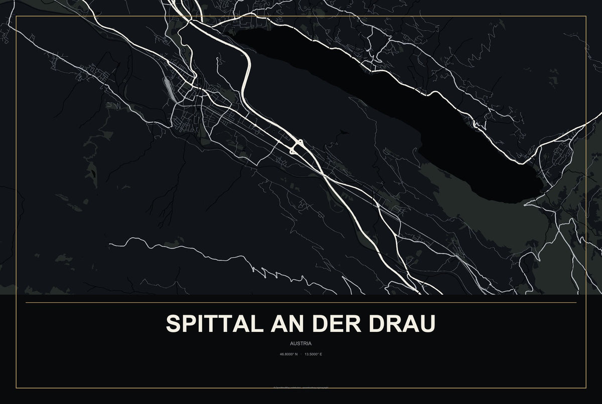 Spittal an der Drau, Austria City Map Aluminum Sign in Metropolitan Noir style